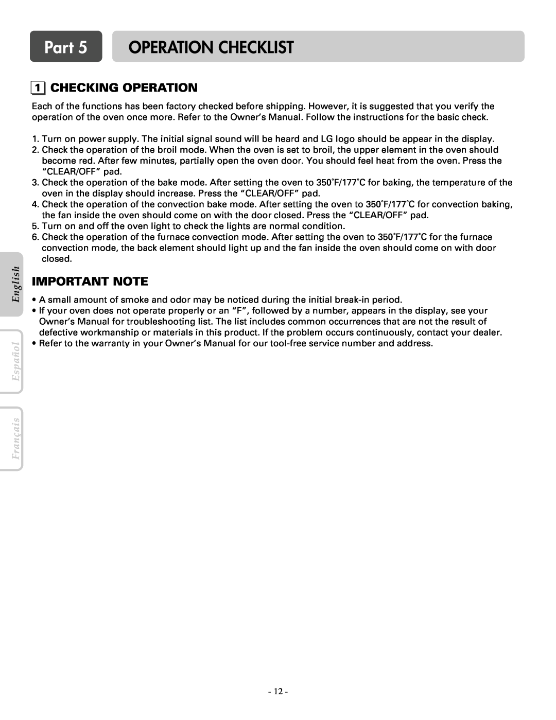 LG Electronics LWS3081ST Part 5 OPERATION CHECKLIST, Checking Operation, Important Note, English, Français Español 