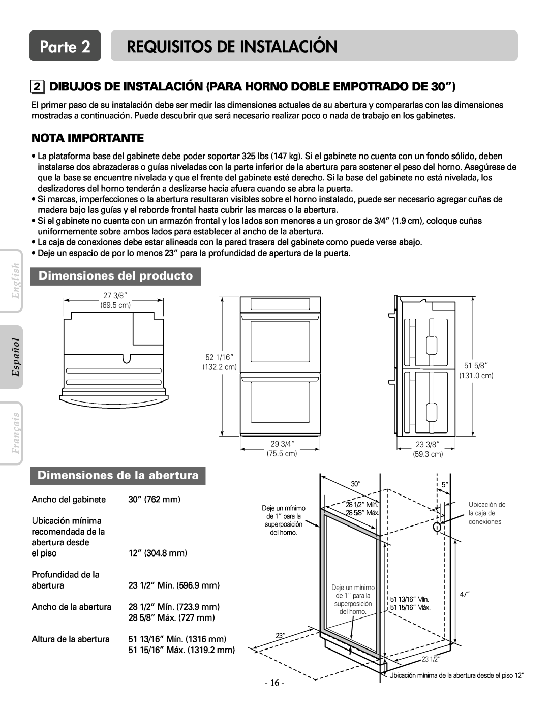 LG Electronics LWS3081ST DIBUJOS DE INSTALACIÓN PARA HORNO DOBLE EMPOTRADO DE 30”, Parte 2 REQUISITOS DE INSTALACIÓN 