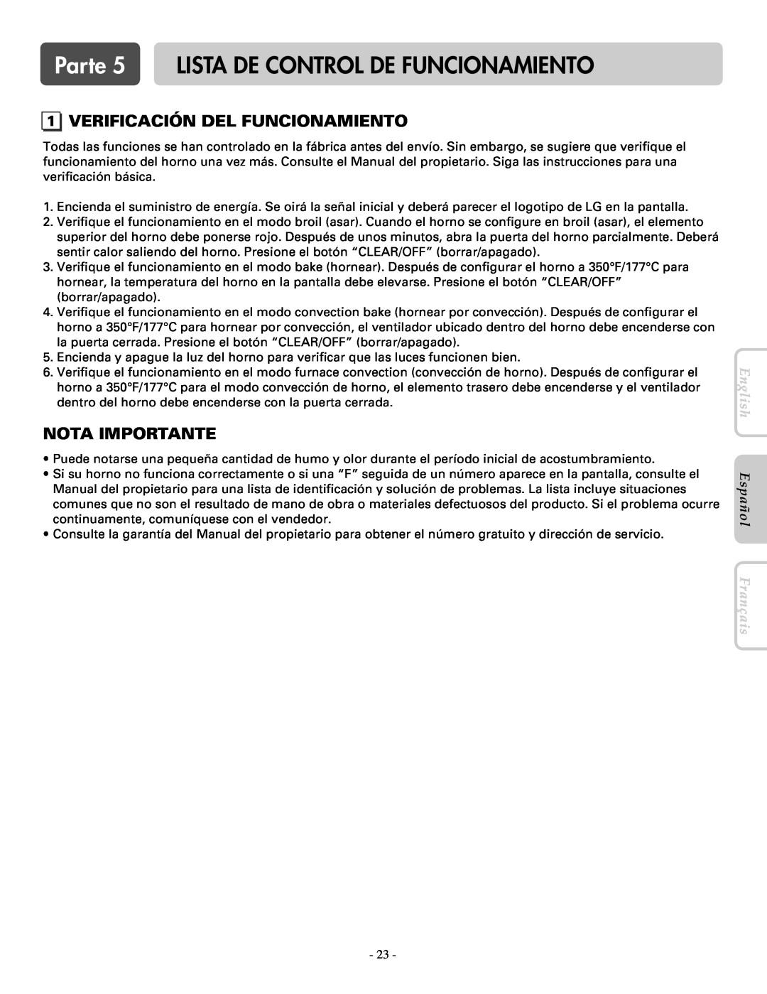 LG Electronics LWD3081ST Parte 5 LISTA DE CONTROL DE FUNCIONAMIENTO, Verificación Del Funcionamiento, Nota Importante 
