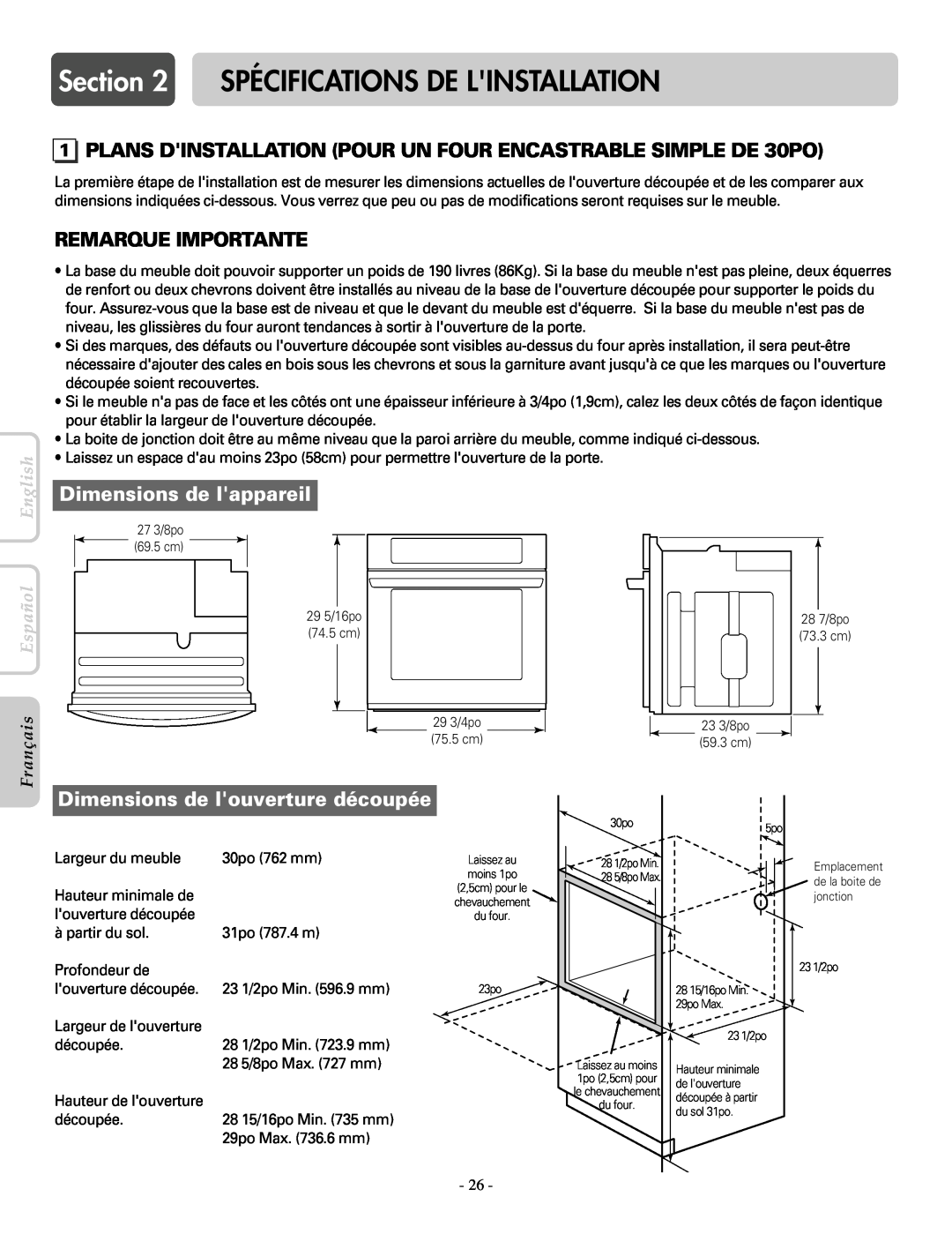 LG Electronics LWS3081ST Spécifications De Linstallation, PLANS DINSTALLATION POUR UN FOUR ENCASTRABLE SIMPLE DE 30PO 
