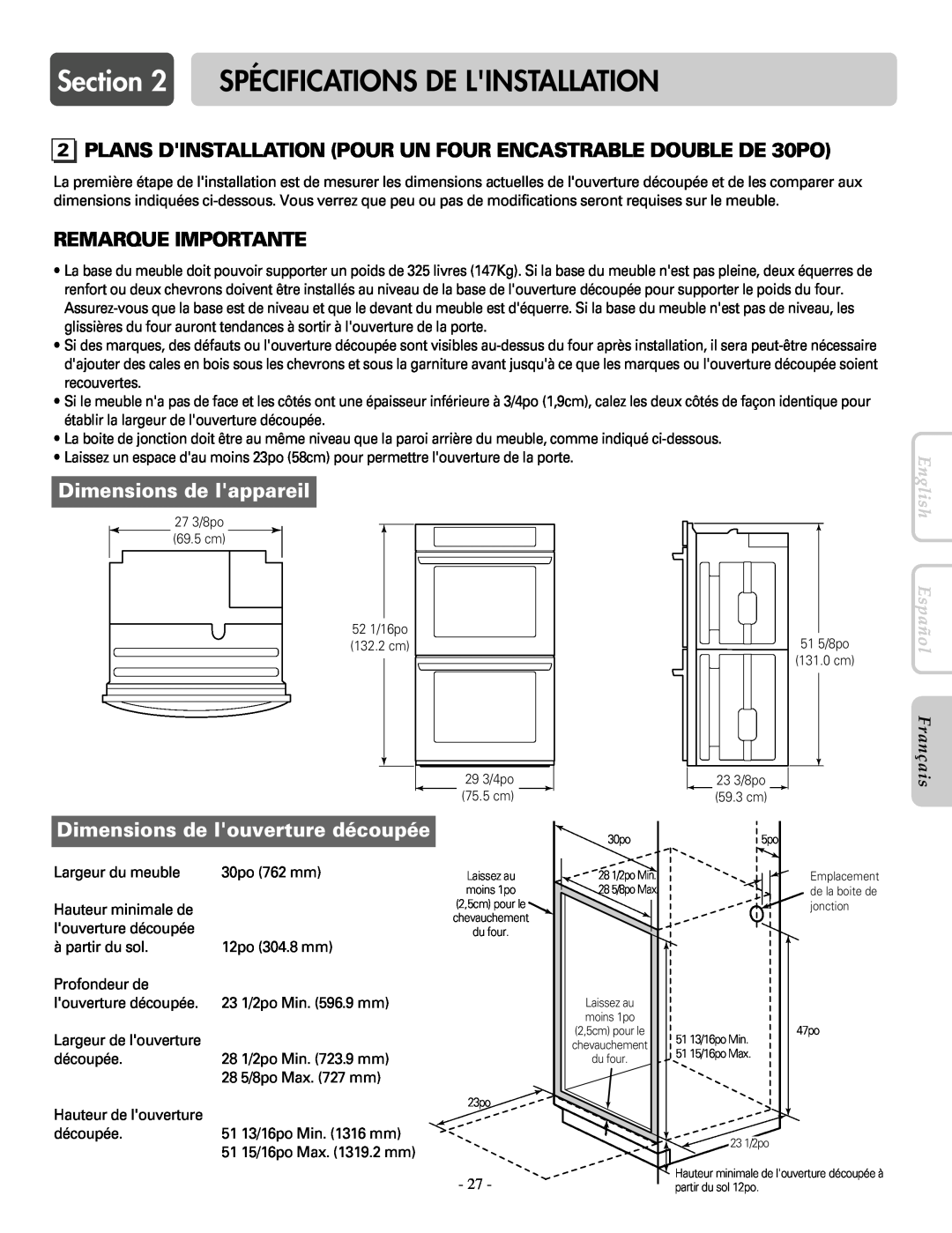 LG Electronics LWD3081ST PLANS DINSTALLATION POUR UN FOUR ENCASTRABLE DOUBLE DE 30PO, Spécifications De Linstallation 