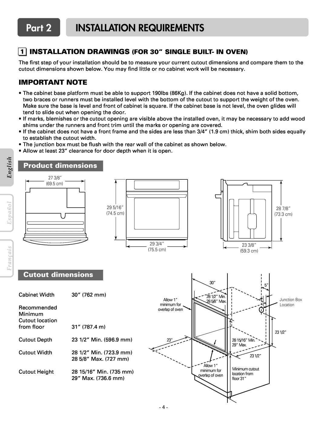 LG Electronics LWS3081ST Part 2 INSTALLATION REQUIREMENTS, Product dimensions, Cutout dimensions, Important Note, English 