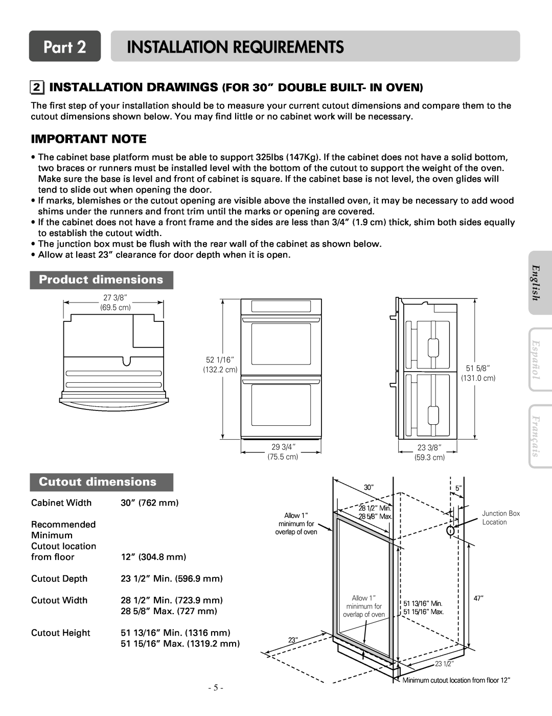 LG Electronics LWD3081ST INSTALLATION DRAWINGS FOR 30” DOUBLE BUILT- IN OVEN, Part 2 INSTALLATION REQUIREMENTS, English 