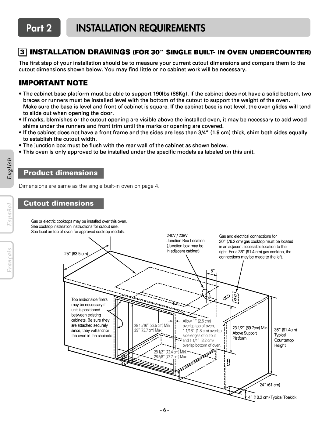 LG Electronics LWS3081ST INSTALLATION DRAWINGS FOR 30” SINGLE BUILT- IN OVEN UNDERCOUNTER, Important Note, English 