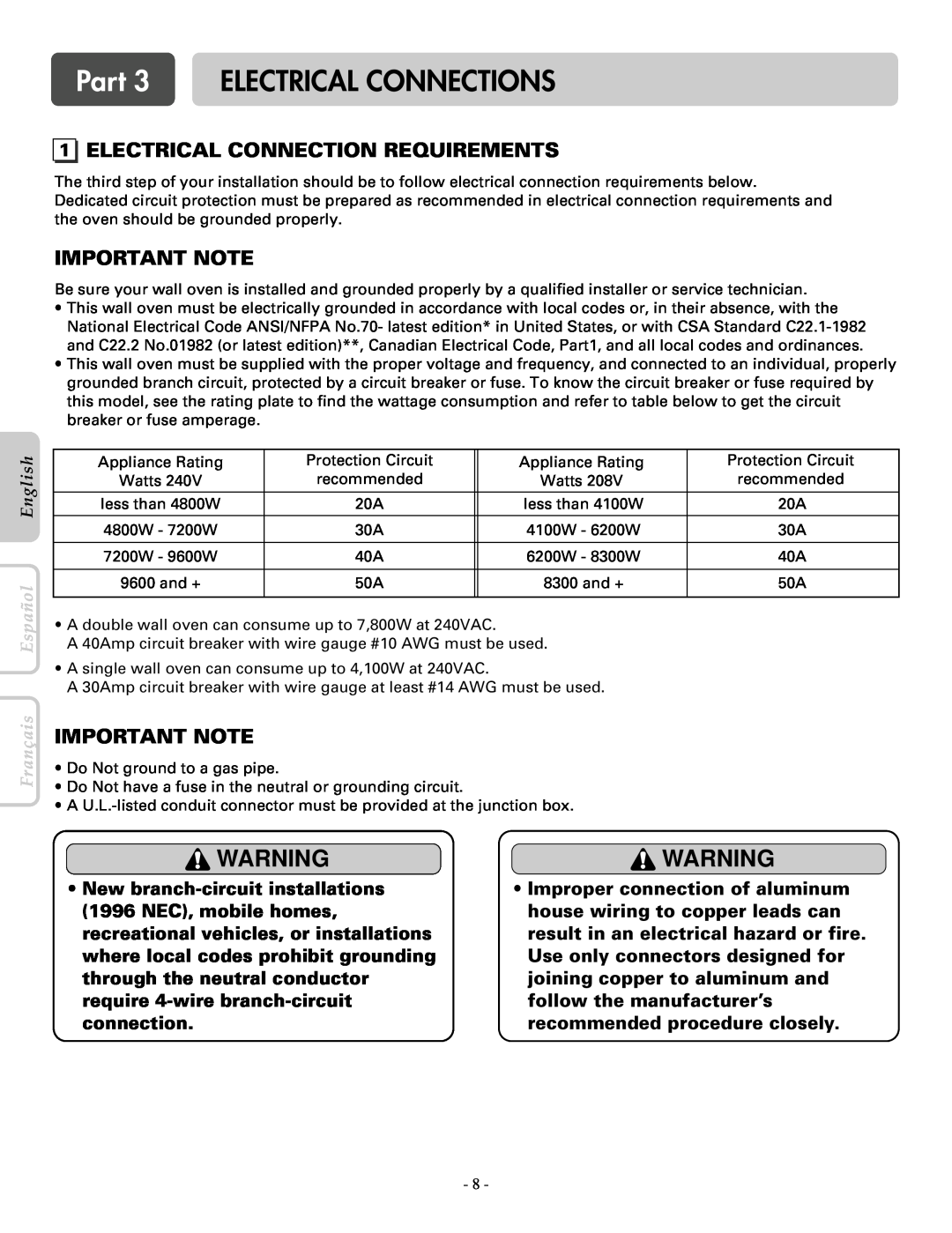 LG Electronics LWS3081ST, LWD3081ST Part 3 ELECTRICAL CONNECTIONS, Electrical Connection Requirements, Important Note 