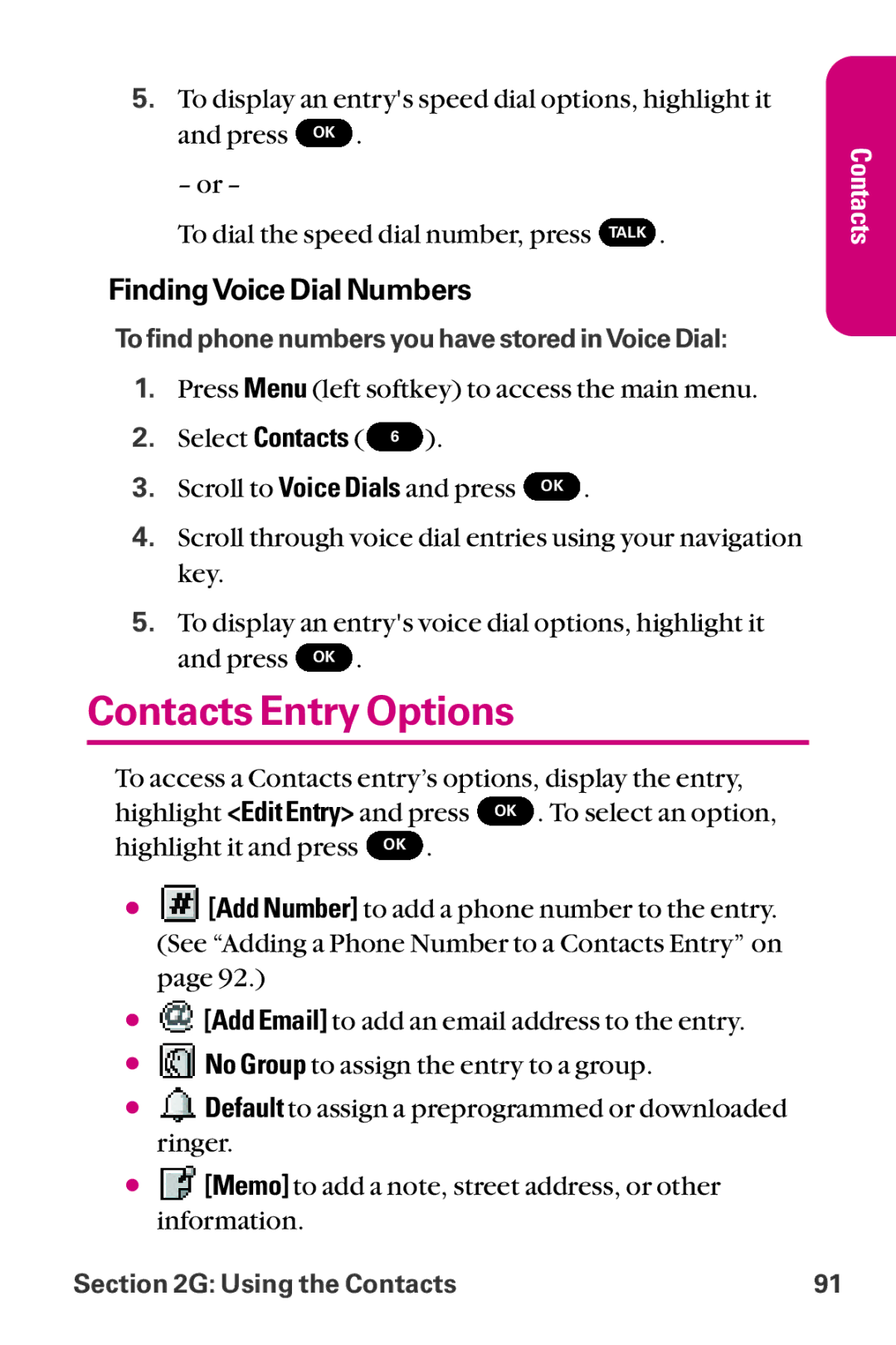 LG Electronics LX-225 manual Contacts Entry Options, FindingVoice Dial Numbers 