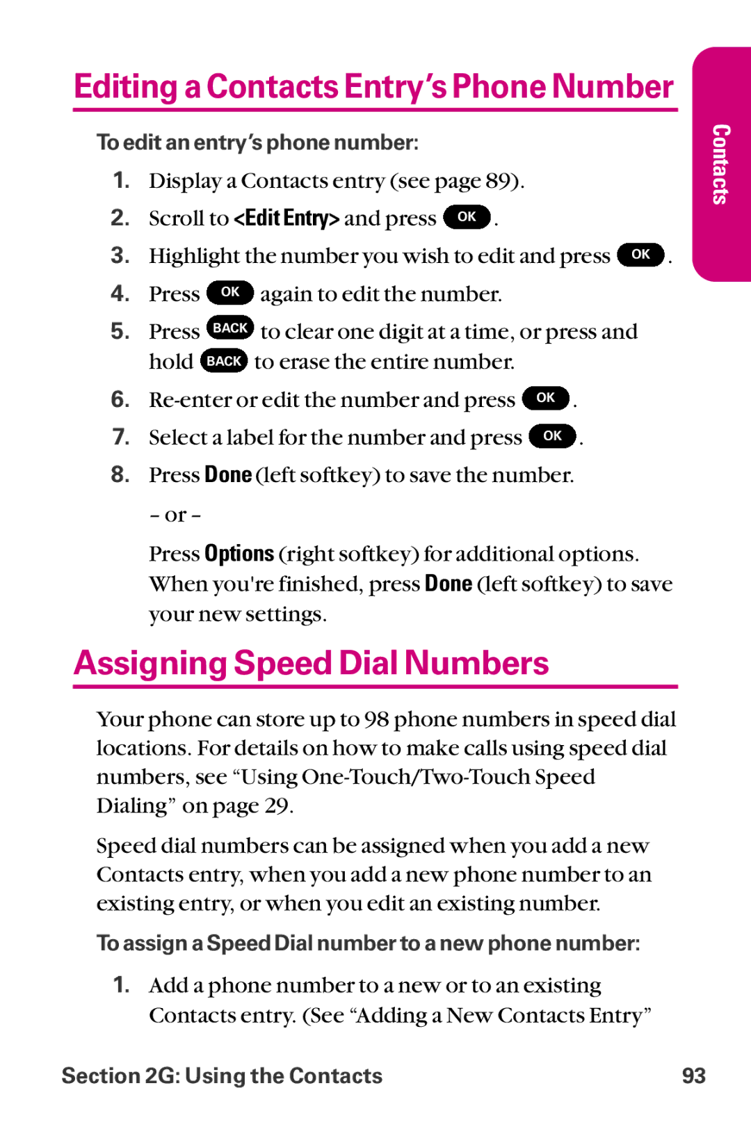 LG Electronics LX-225 manual Assigning Speed Dial Numbers, Editing a Contacts Entry’s Phone Number 