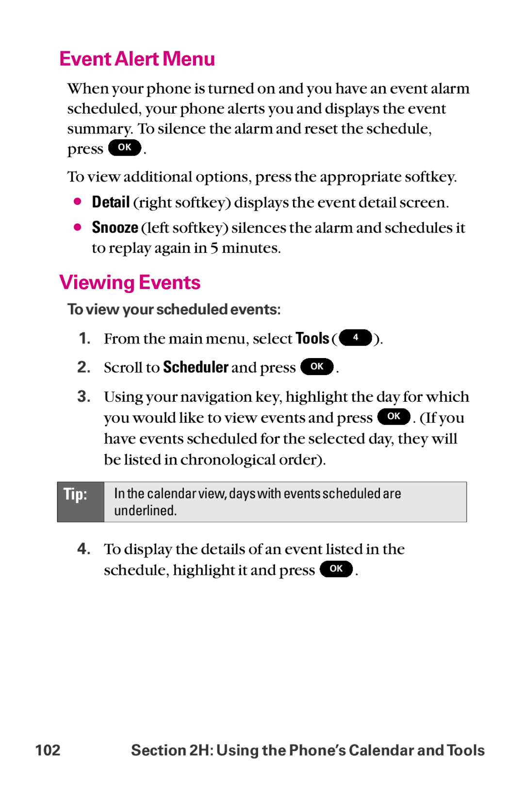 LG Electronics LX-225 manual Event Alert Menu, Viewing Events 