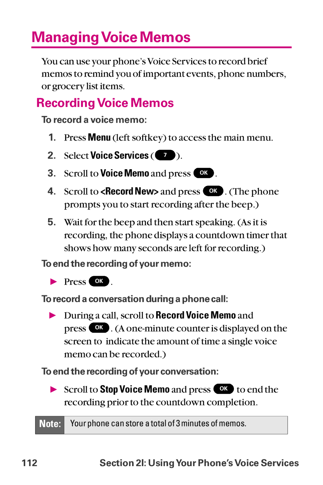 LG Electronics LX-225 manual ManagingVoice Memos, Recording Voice Memos 