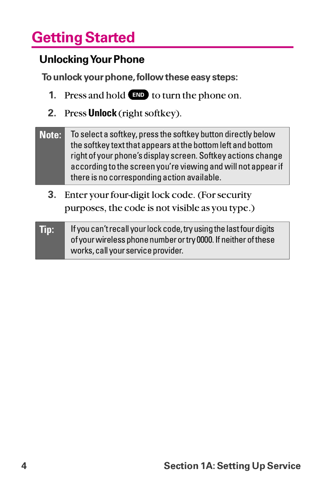 LG Electronics LX-225 manual Getting Started, UnlockingYour Phone 