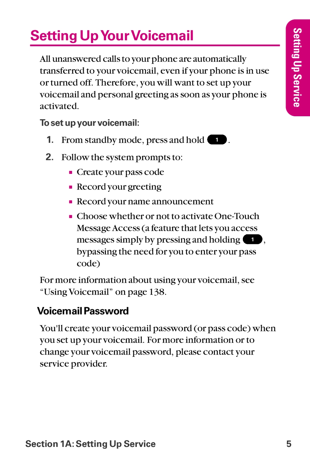 LG Electronics LX-225 manual Setting UpYourVoicemail, Voicemail Password 