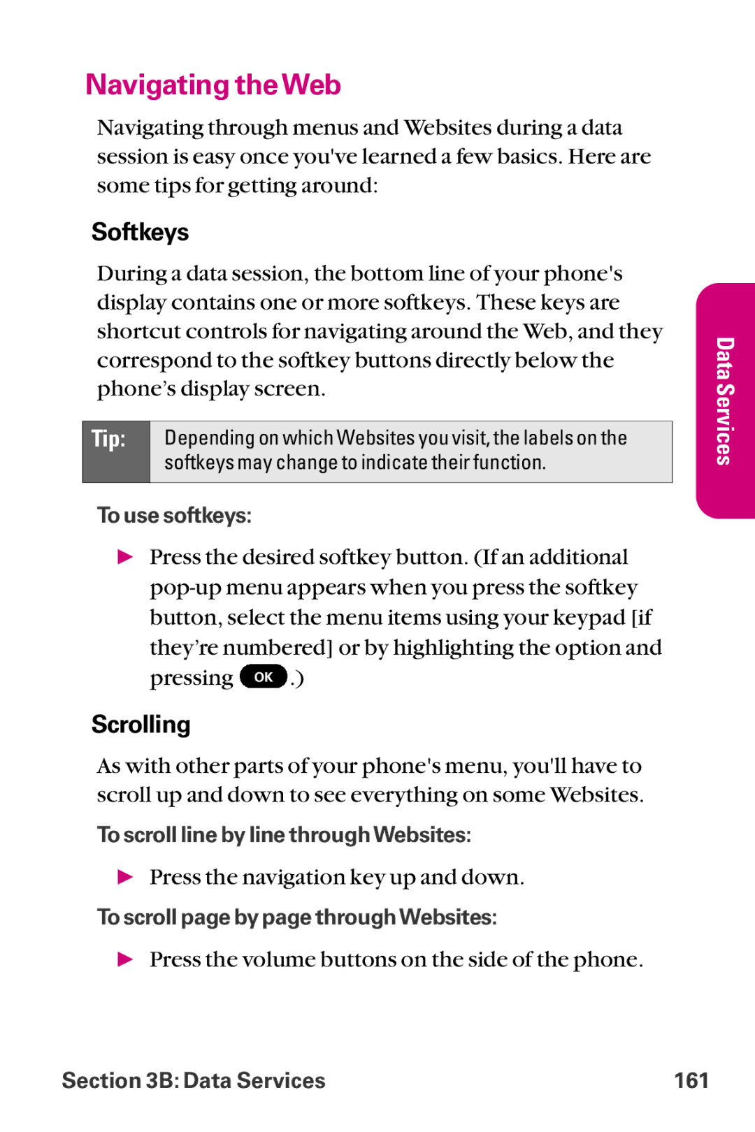 LG Electronics LX-225 manual Navigating theWeb, Softkeys, Scrolling 