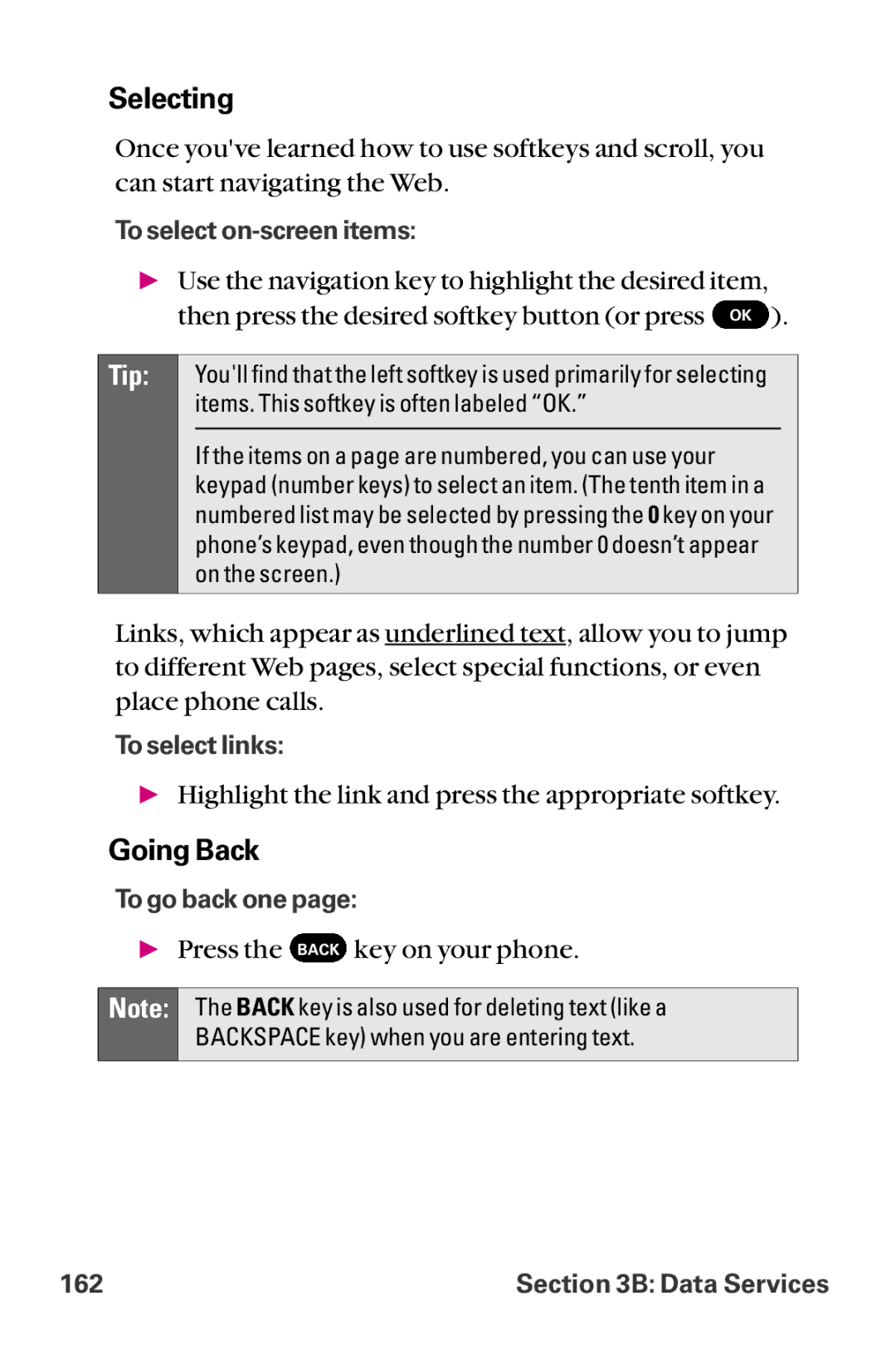 LG Electronics LX-225 manual Selecting, Going Back 