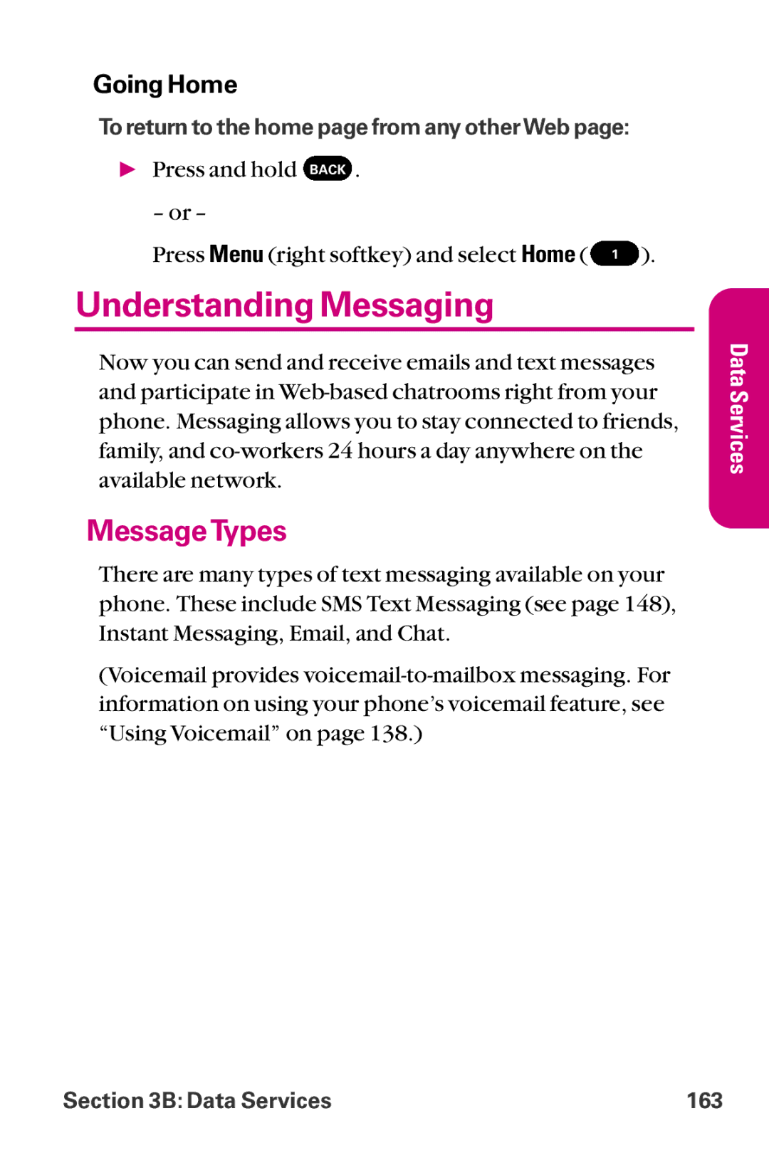 LG Electronics LX-225 manual Understanding Messaging, MessageTypes, Going Home 