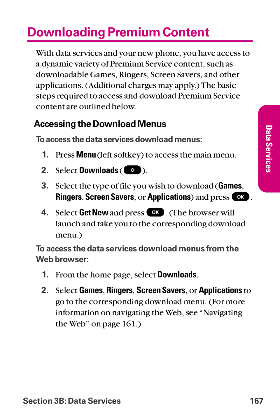 LG Electronics LX-225 manual Downloading Premium Content, Accessing the Download Menus 