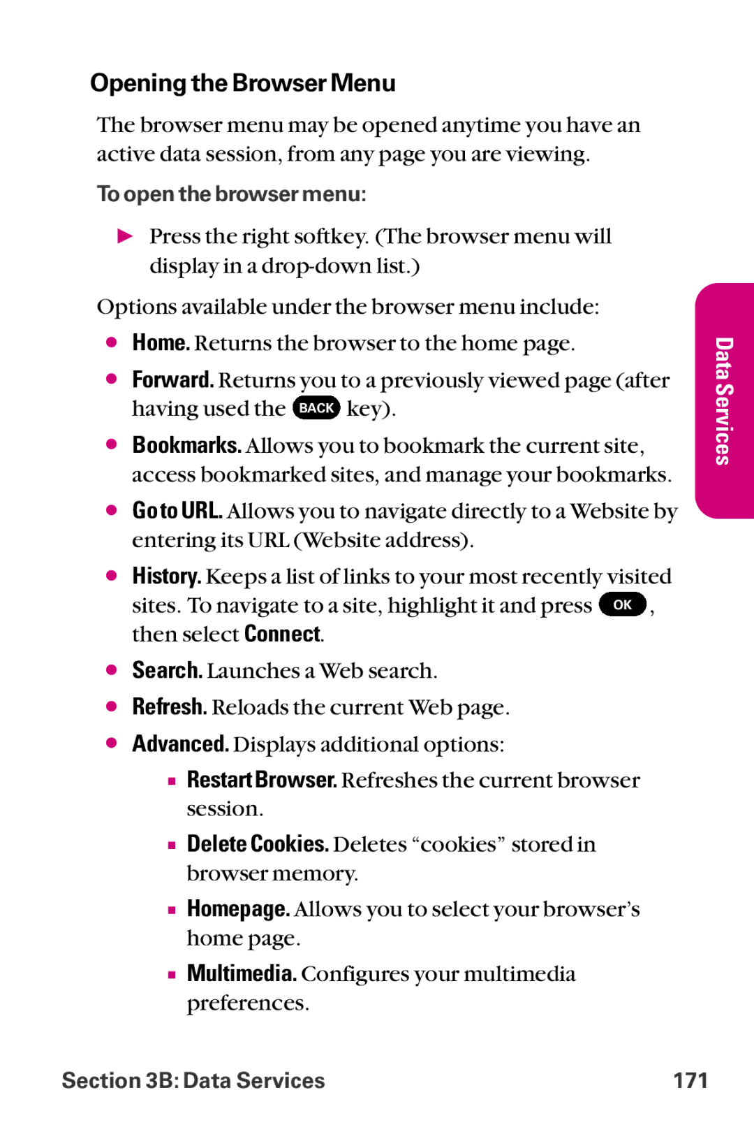 LG Electronics LX-225 manual Opening the Browser Menu 