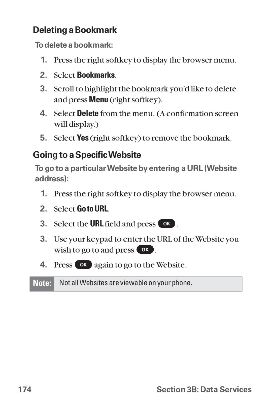 LG Electronics LX-225 manual Deleting a Bookmark, Going to a SpecificWebsite, Select Go to URL 