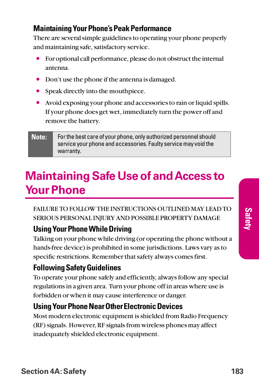 LG Electronics LX-225 manual Maintaining Safe Use of and Access to Your Phone, Maintaining Your Phone’s Peak Performance 