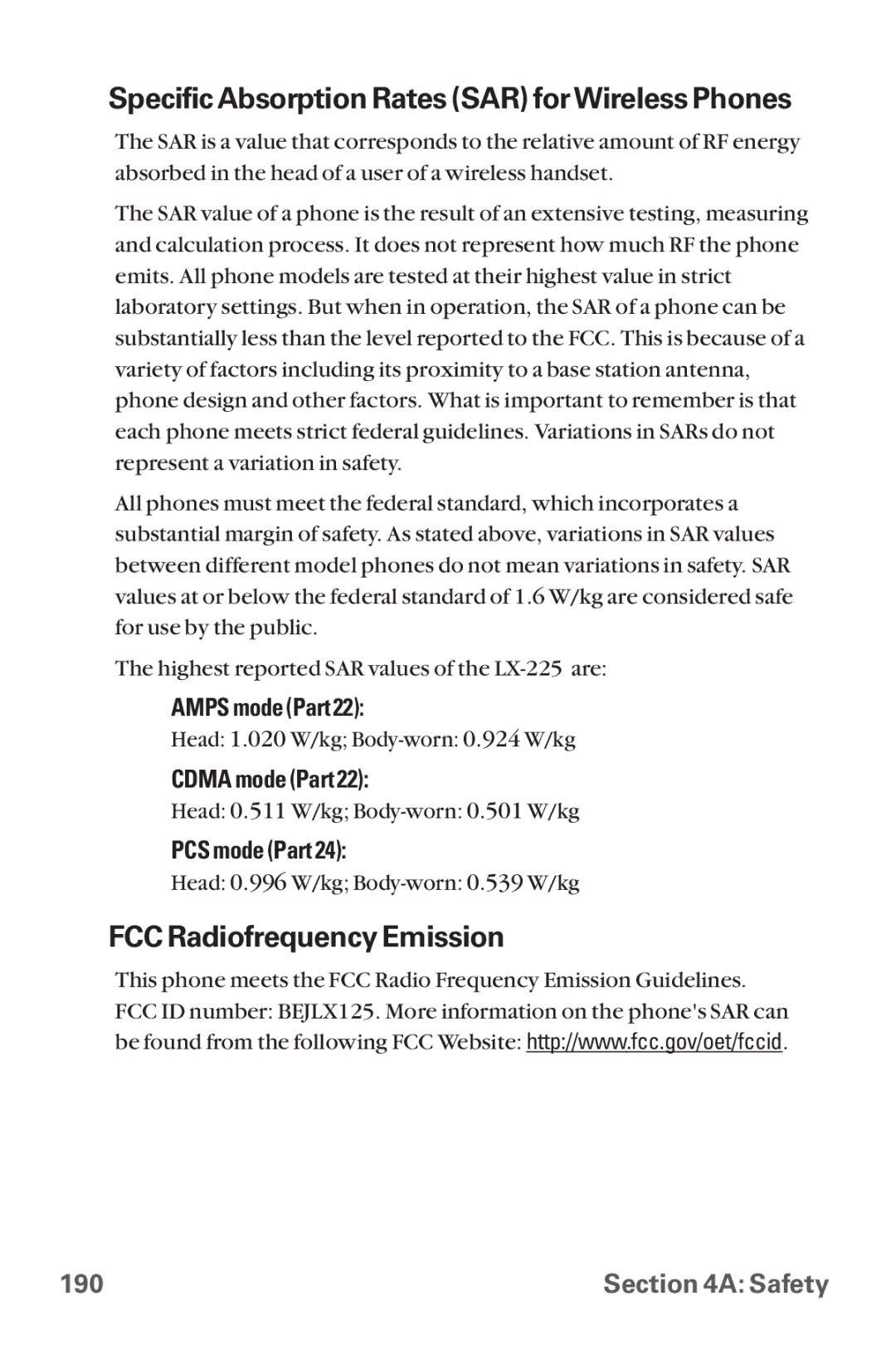 LG Electronics LX-225 manual Specific Absorption Rates SAR forWireless Phones, FCC Radiofrequency Emission 