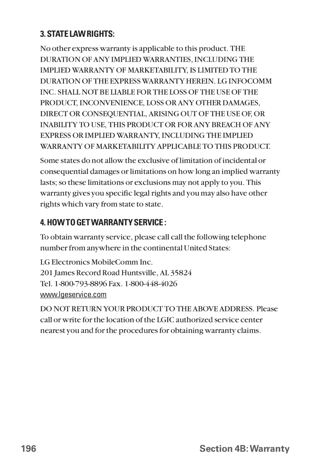 LG Electronics LX-225 manual State LAW Rights 