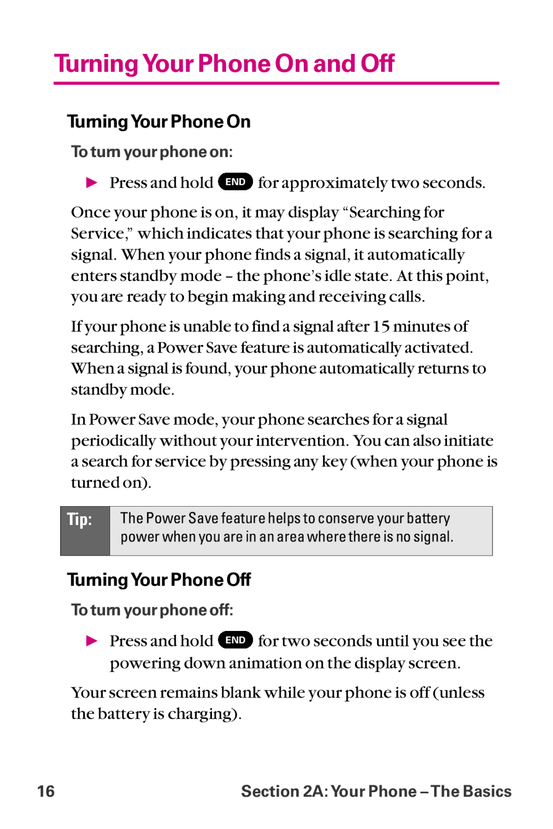 LG Electronics LX-225 manual TurningYour Phone On and Off, TurningYour Phone Off 