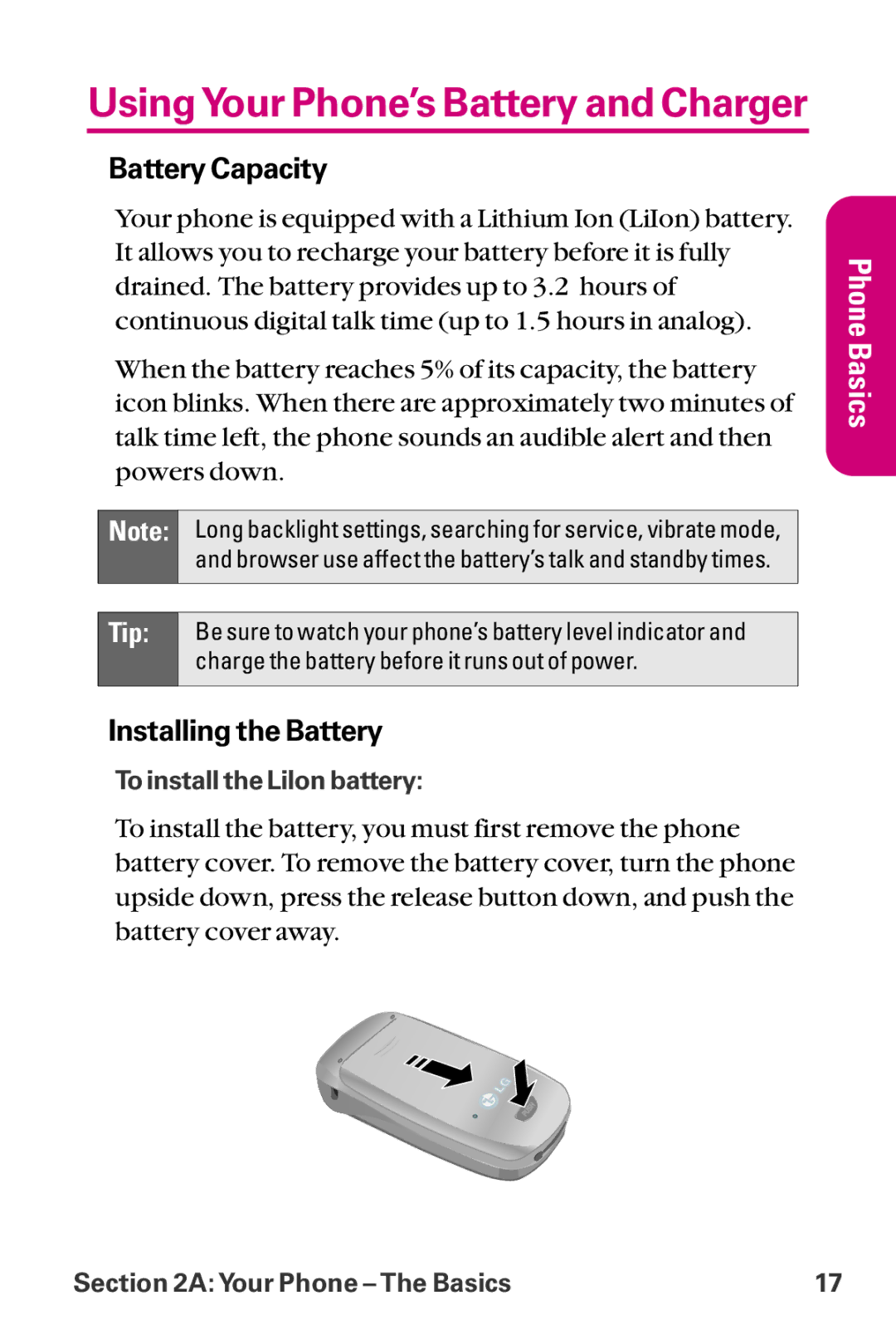 LG Electronics LX-225 manual UsingYour Phone’s Battery and Charger, Battery Capacity, Installing the Battery 