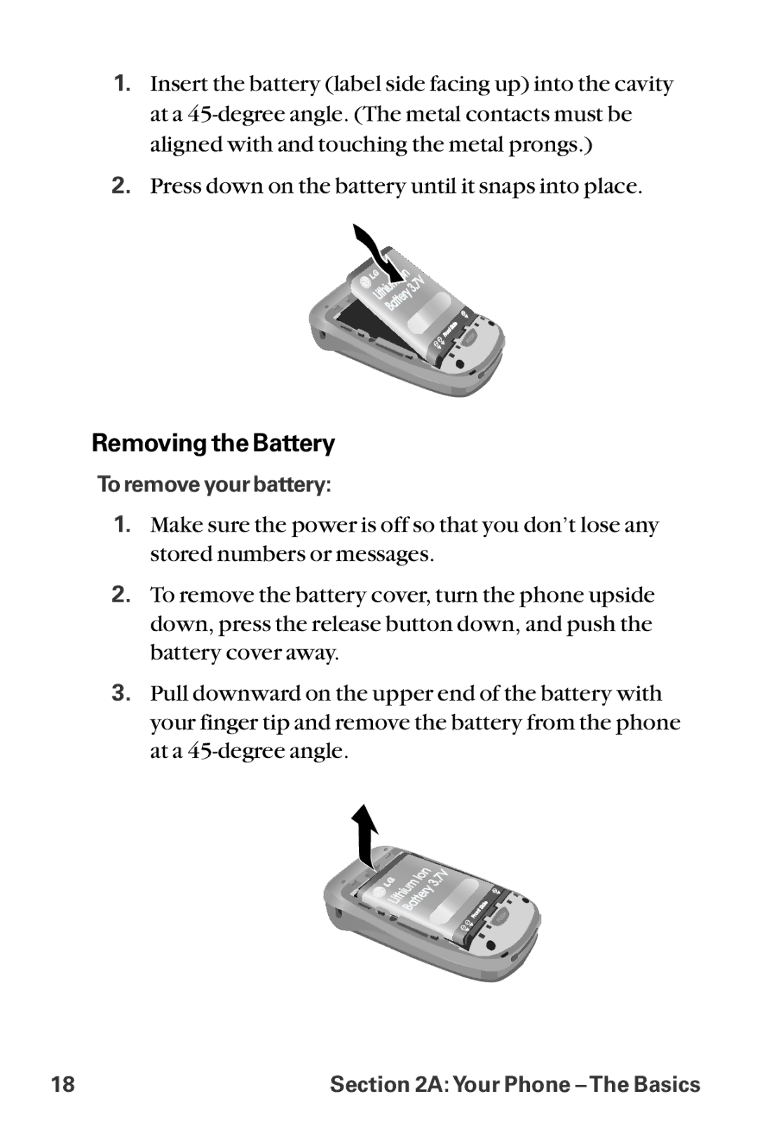 LG Electronics LX-225 manual Removing the Battery 