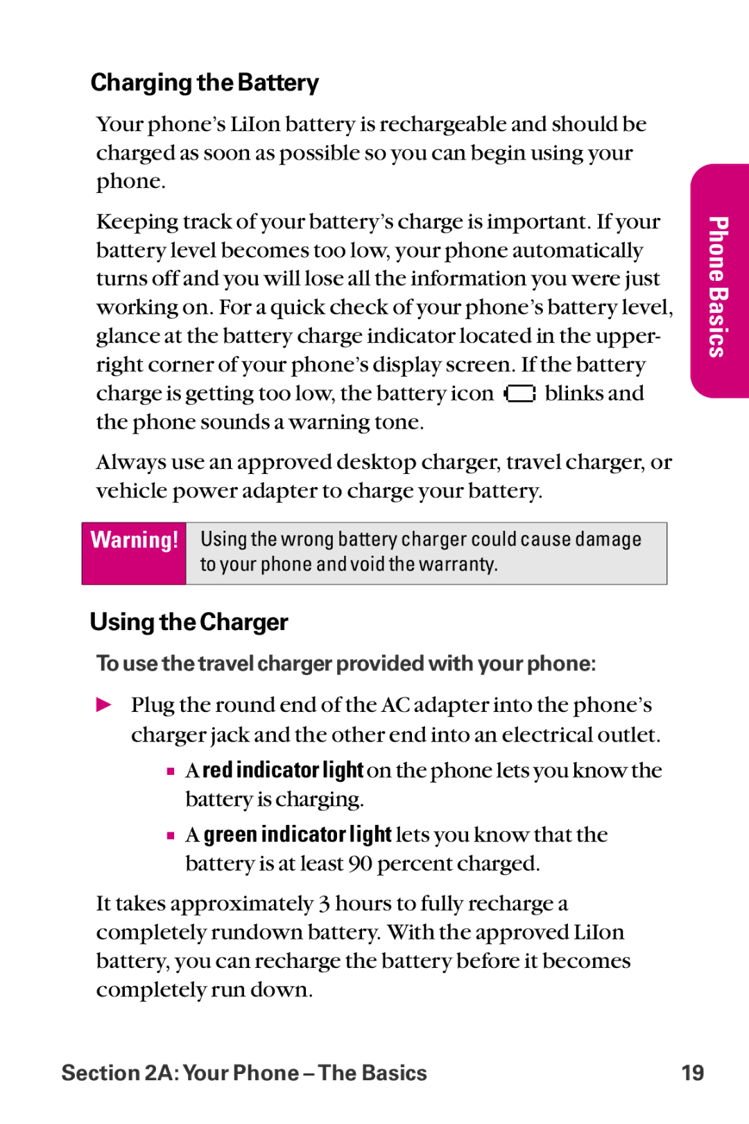 LG Electronics LX-225 manual Charging the Battery, Using the Charger 