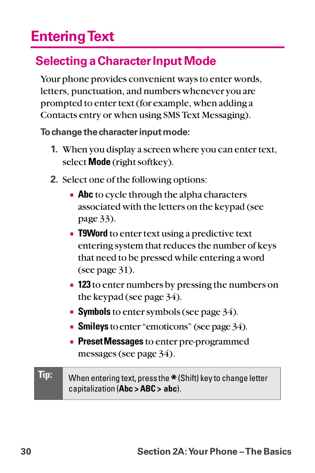 LG Electronics LX-225 manual EnteringText, Selecting a Character Input Mode 