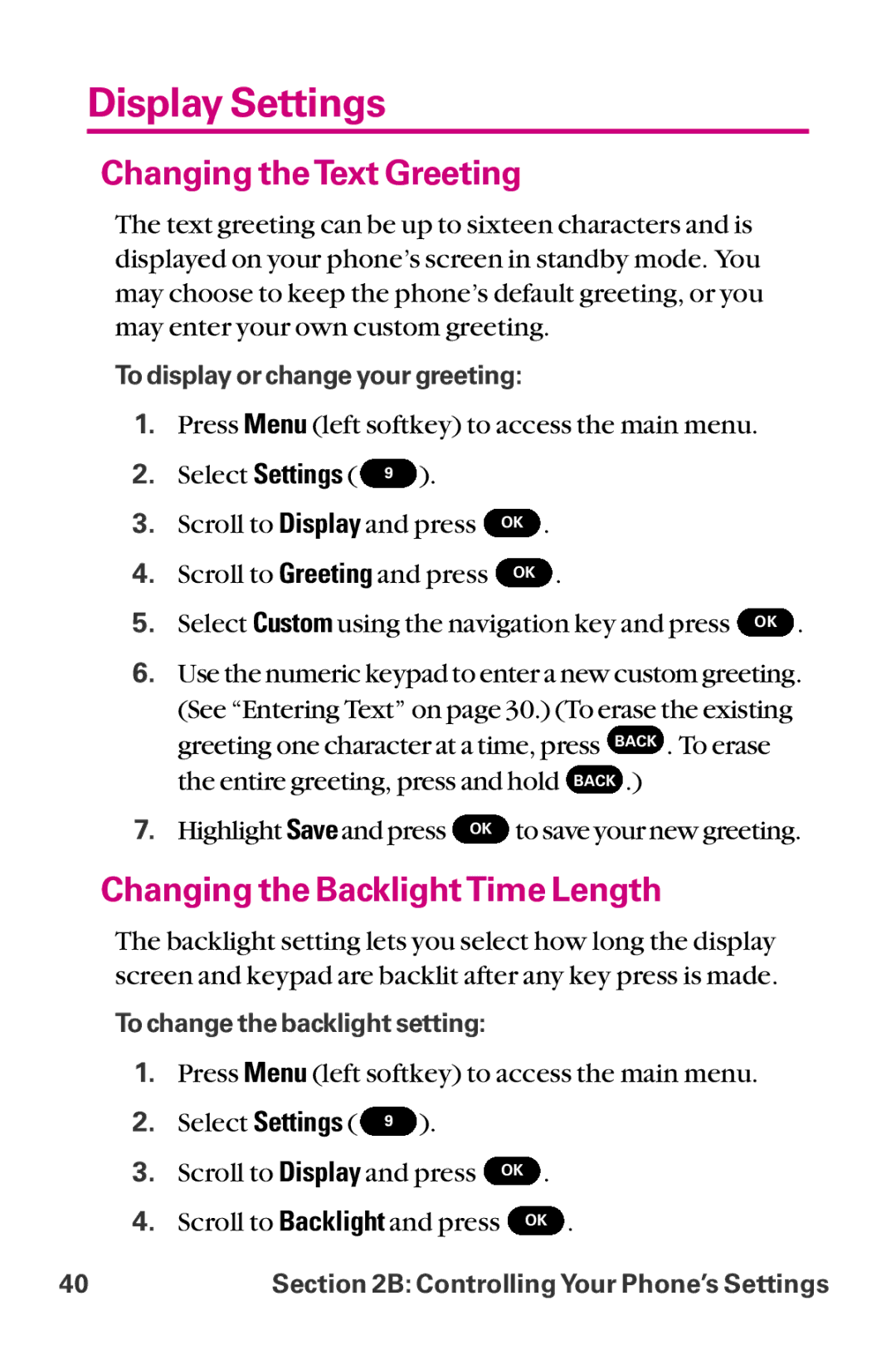 LG Electronics LX-225 manual Display Settings, Changing theText Greeting, Changing the BacklightTime Length 