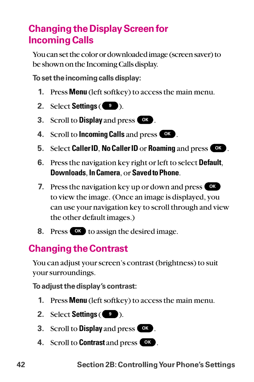 LG Electronics LX-225 manual Changing the Display Screen for Incoming Calls, Changing the Contrast 