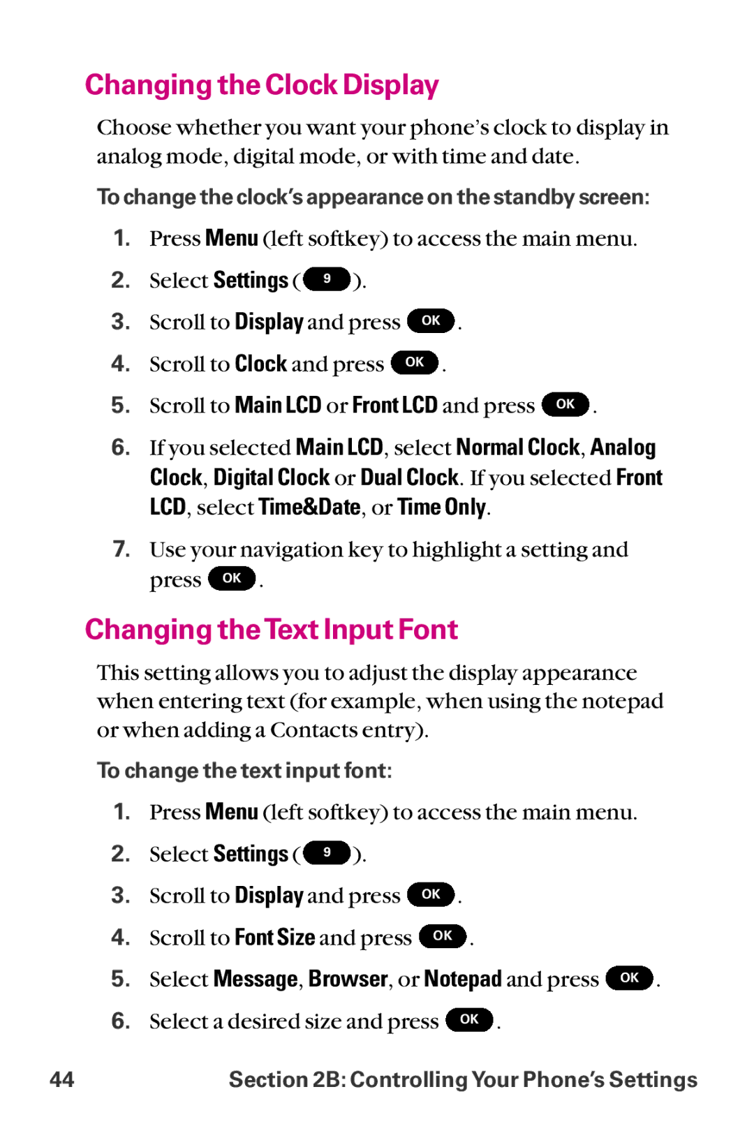 LG Electronics LX-225 manual Changing the Clock Display, Changing theText Input Font 