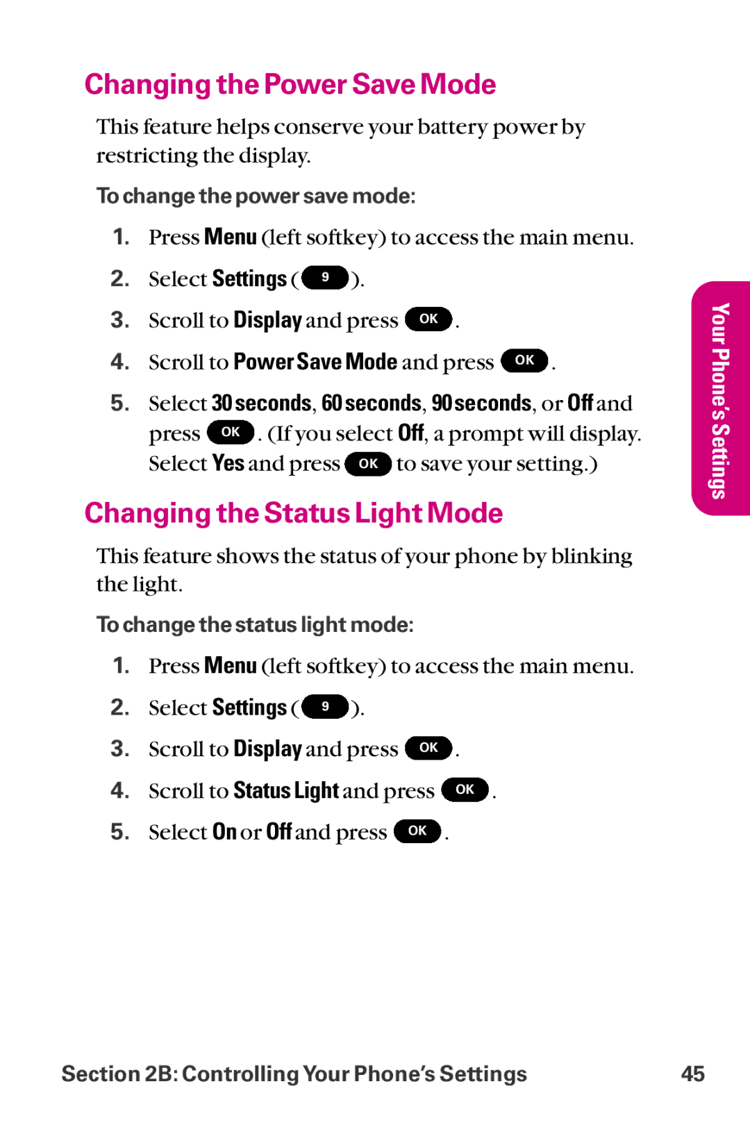 LG Electronics LX-225 manual Changing the Power Save Mode, Changing the Status Light Mode 