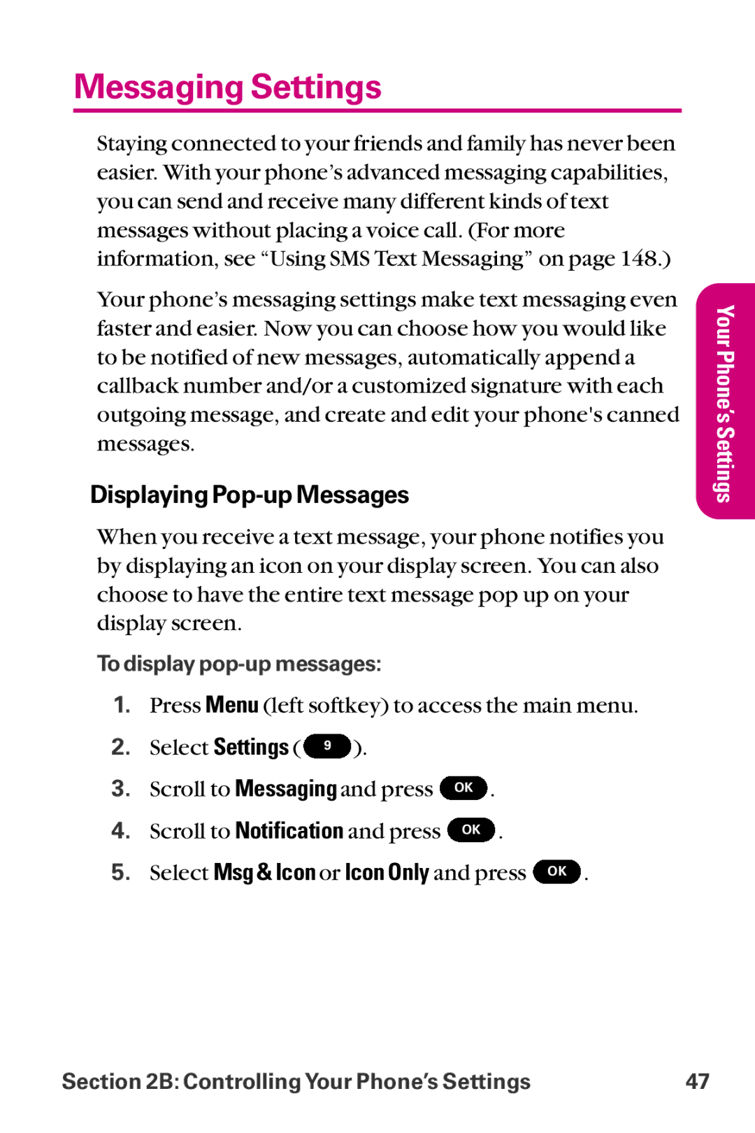 LG Electronics LX-225 manual Messaging Settings, Displaying Pop-up Messages 