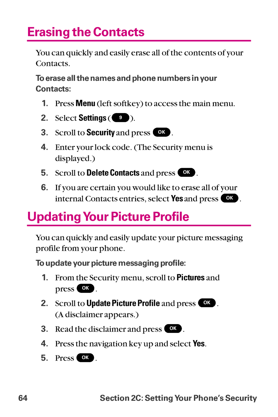 LG Electronics LX-225 manual Erasing the Contacts, UpdatingYour Picture Profile 