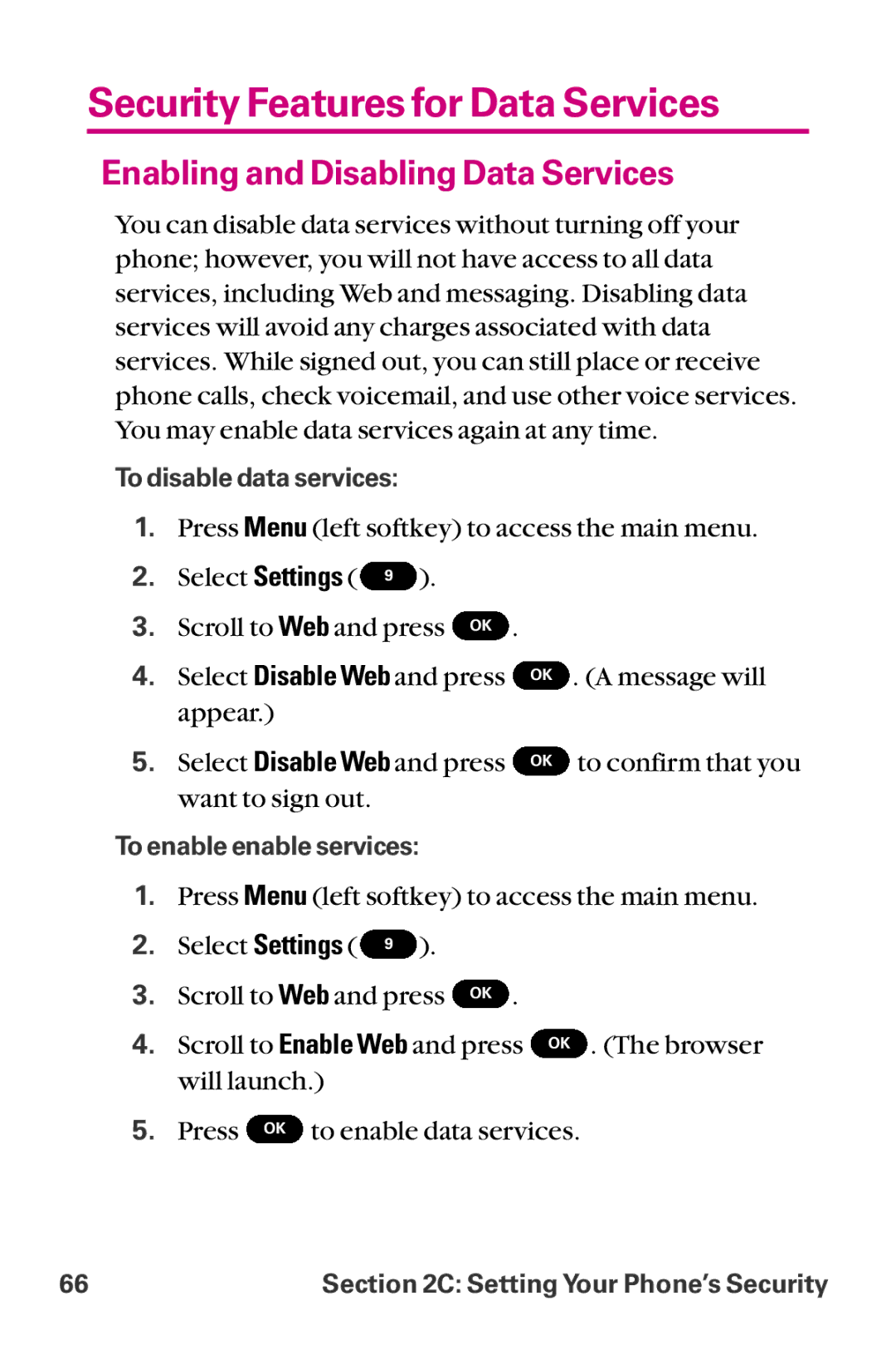 LG Electronics LX-225 manual Security Features for Data Services, Enabling and Disabling Data Services 