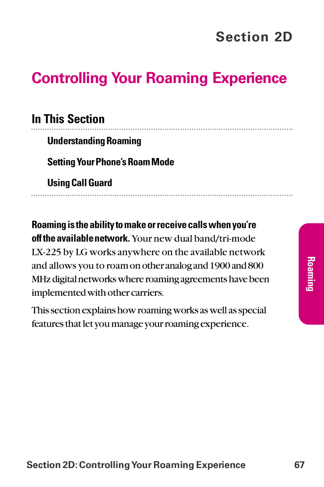 LG Electronics LX-225 manual Controlling Your Roaming Experience 