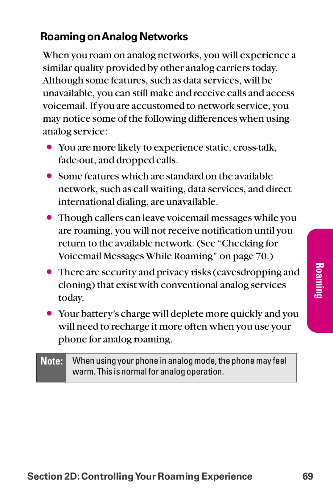 LG Electronics LX-225 manual Roaming on Analog Networks 