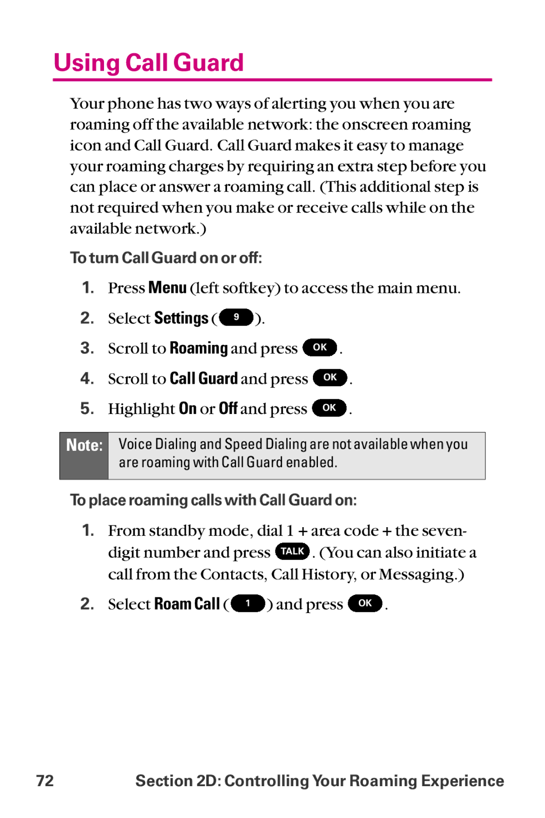 LG Electronics LX-225 manual Using Call Guard, Highlight On or Off and press 