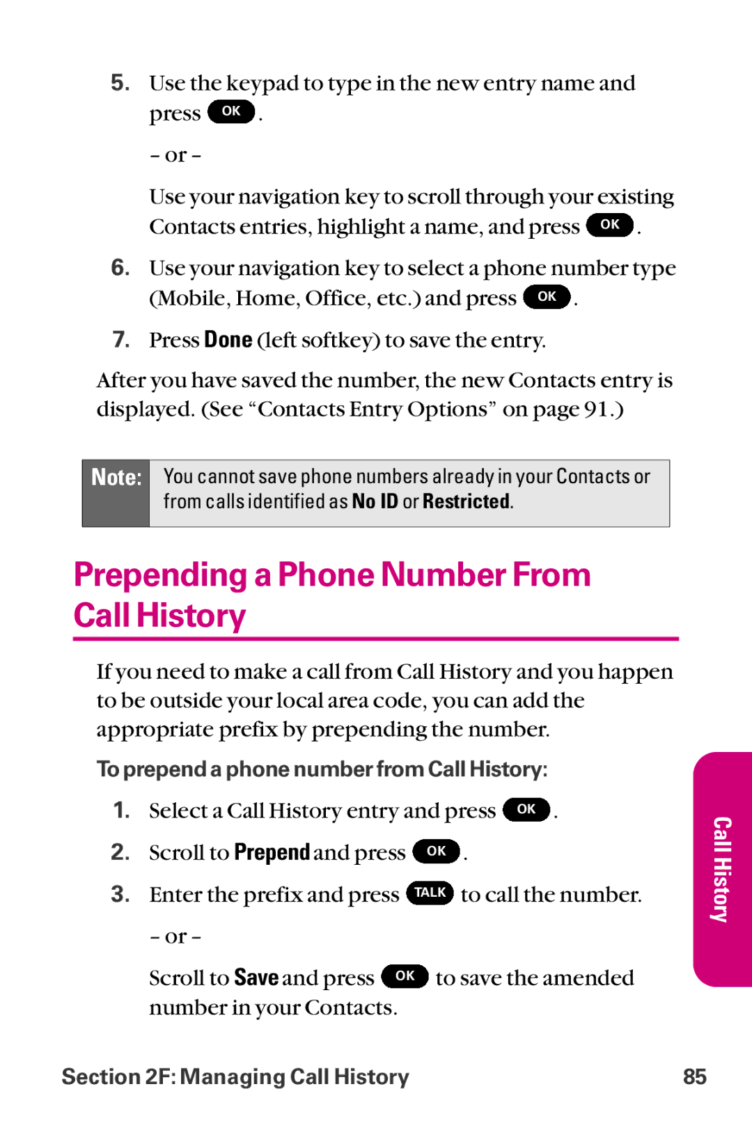 LG Electronics LX-225 manual Prepending a Phone Number From Call History 