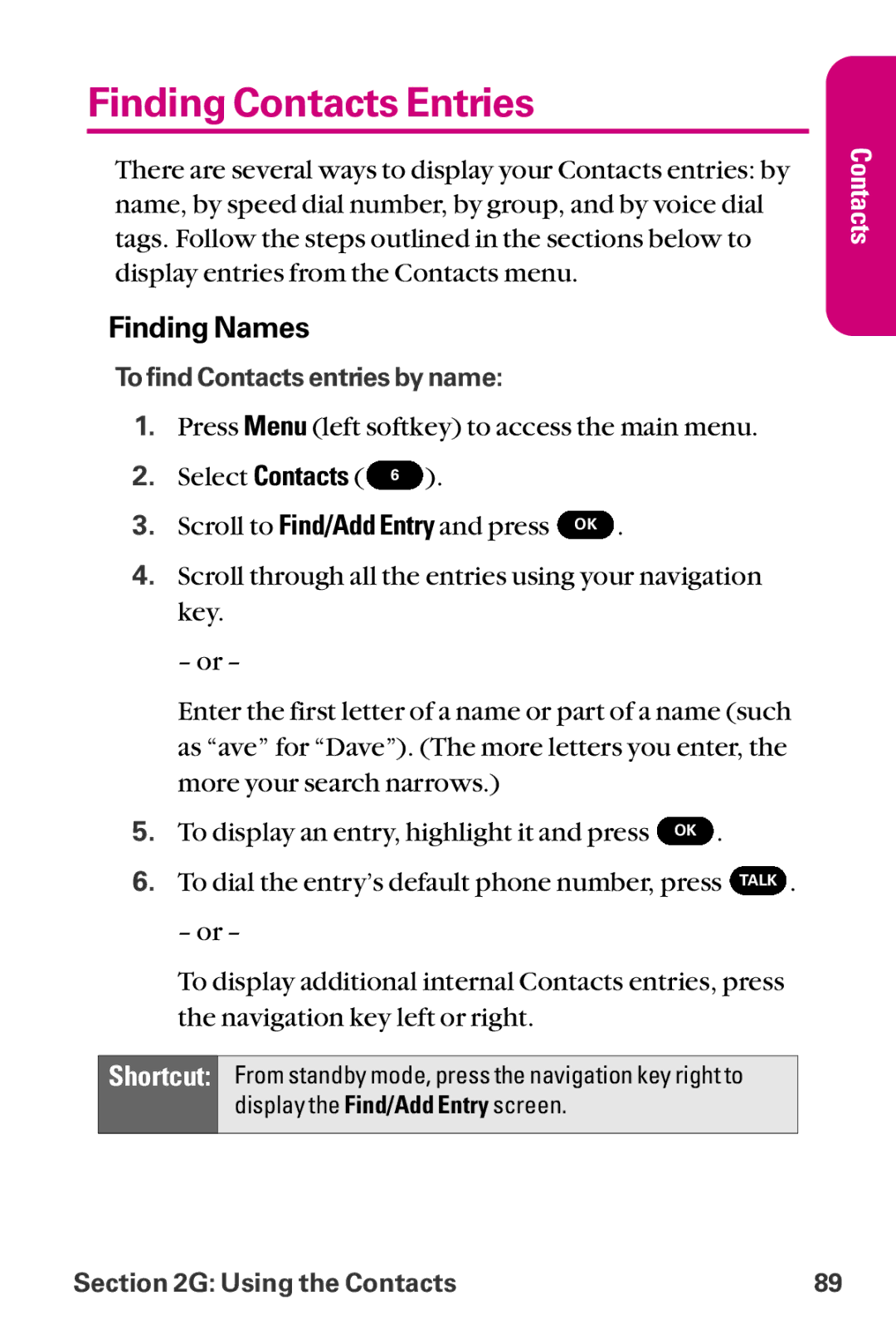 LG Electronics LX-225 manual Finding Contacts Entries, Finding Names 