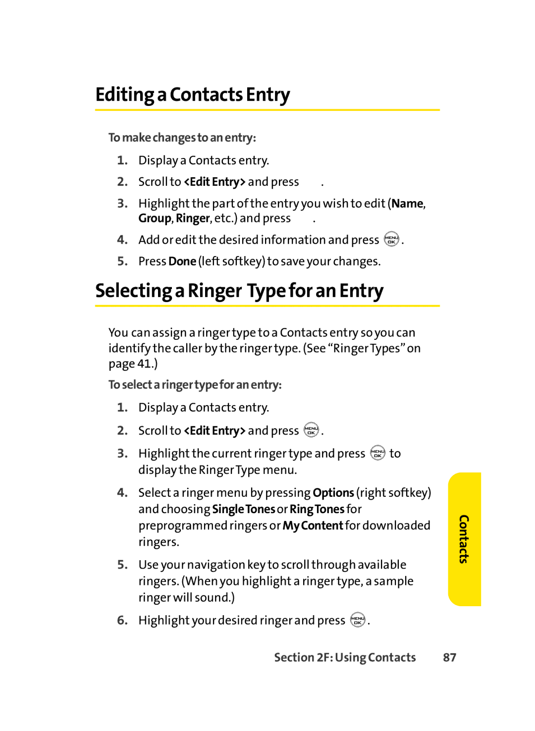 LG Electronics LX-350 manual Editing a Contacts Entry, Selecting a Ringer Type for an Entry, Tomakechangestoanentry 