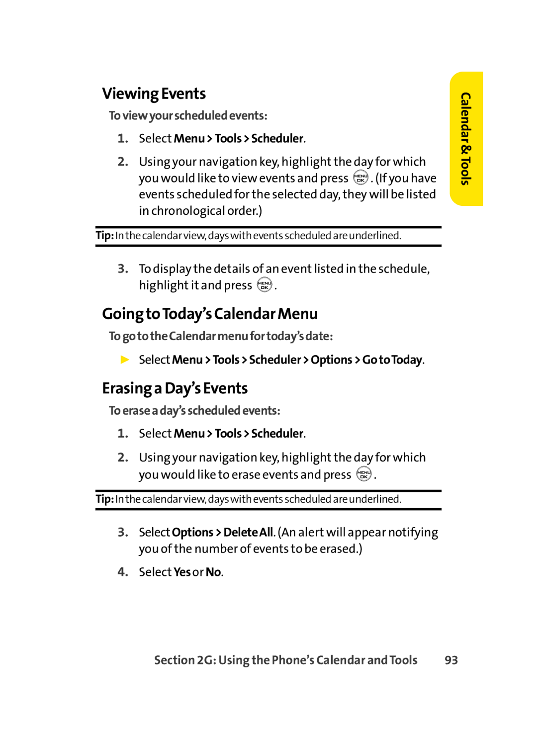 LG Electronics LX-350 manual Viewing Events, Going toToday’s Calendar Menu, Erasing a Day’s Events 