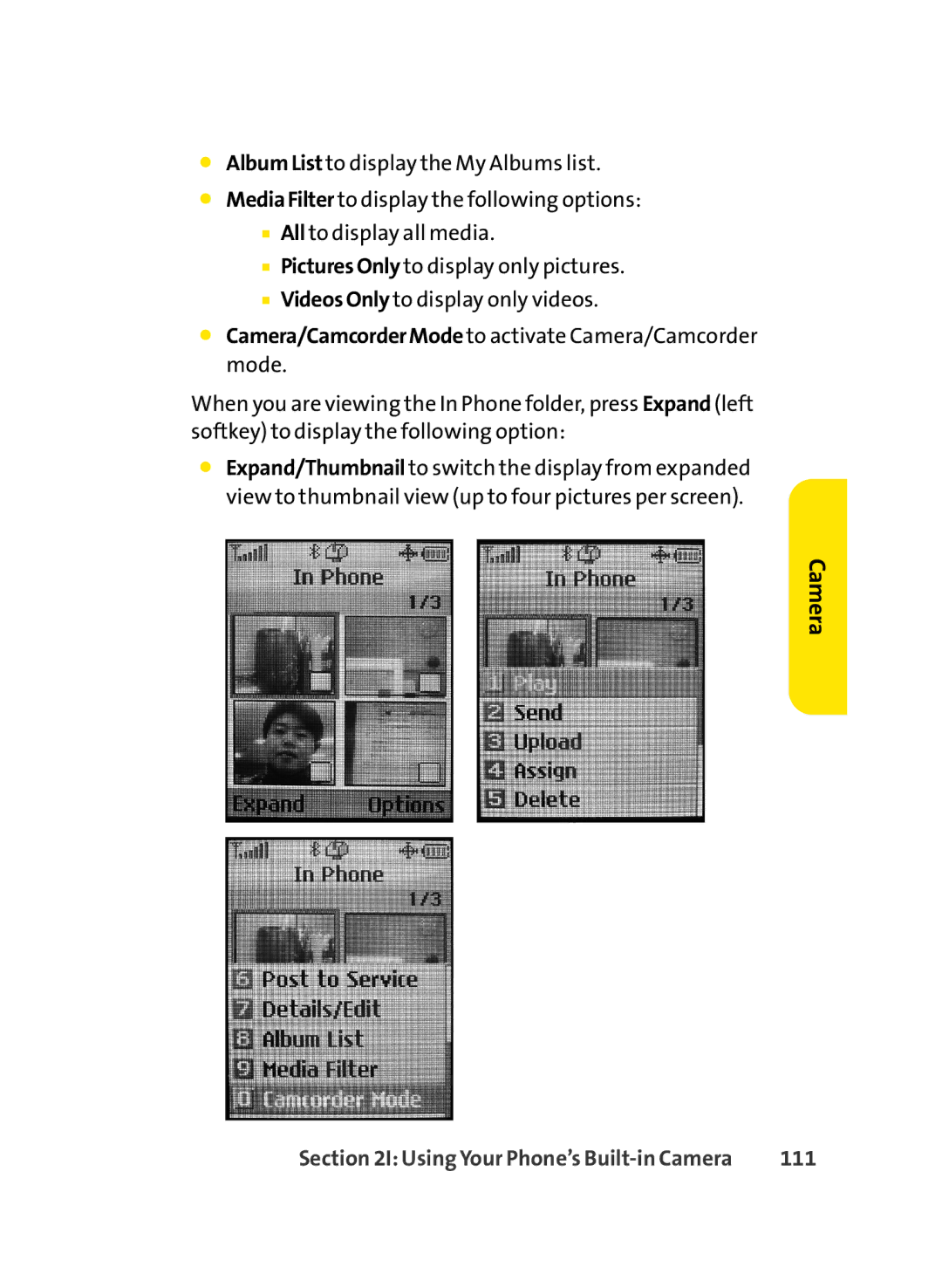 LG Electronics LX-350 manual Camera/CamcorderMode to activate Camera/Camcorder mode, 111 