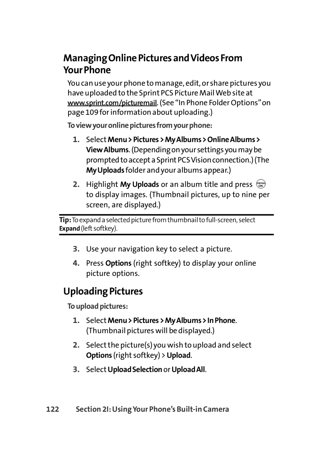 LG Electronics LX-350 manual Managing Online Pictures andVideos From Your Phone, Uploading Pictures, Touploadpictures 