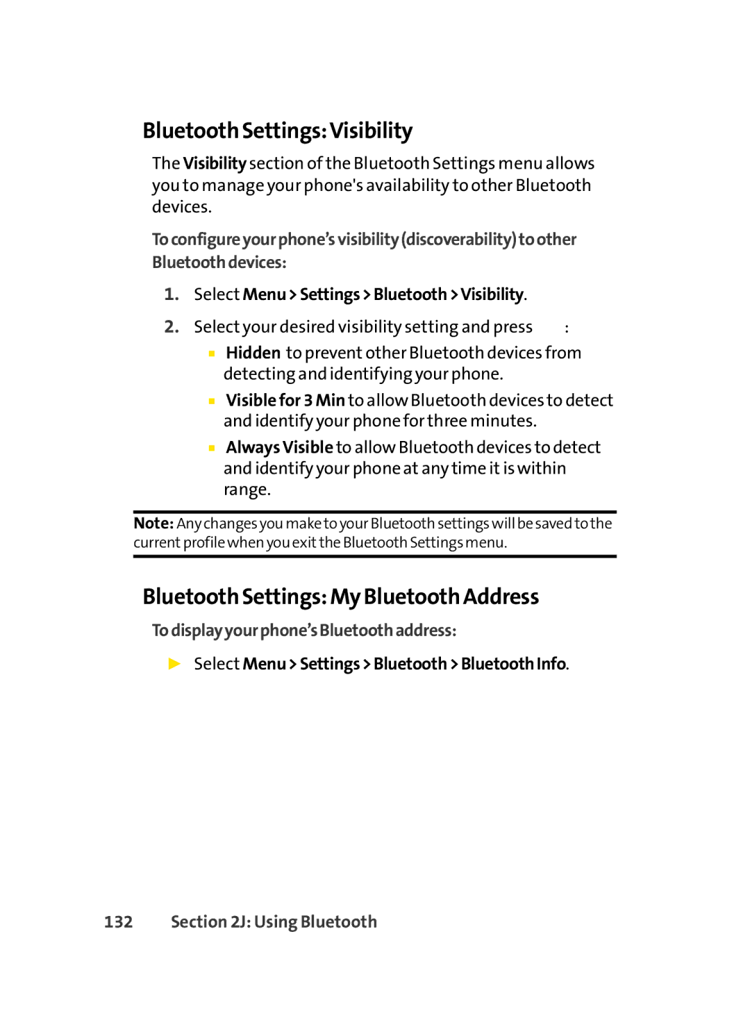 LG Electronics LX-350 manual Bluetooth SettingsVisibility, Bluetooth Settings My Bluetooth Address 