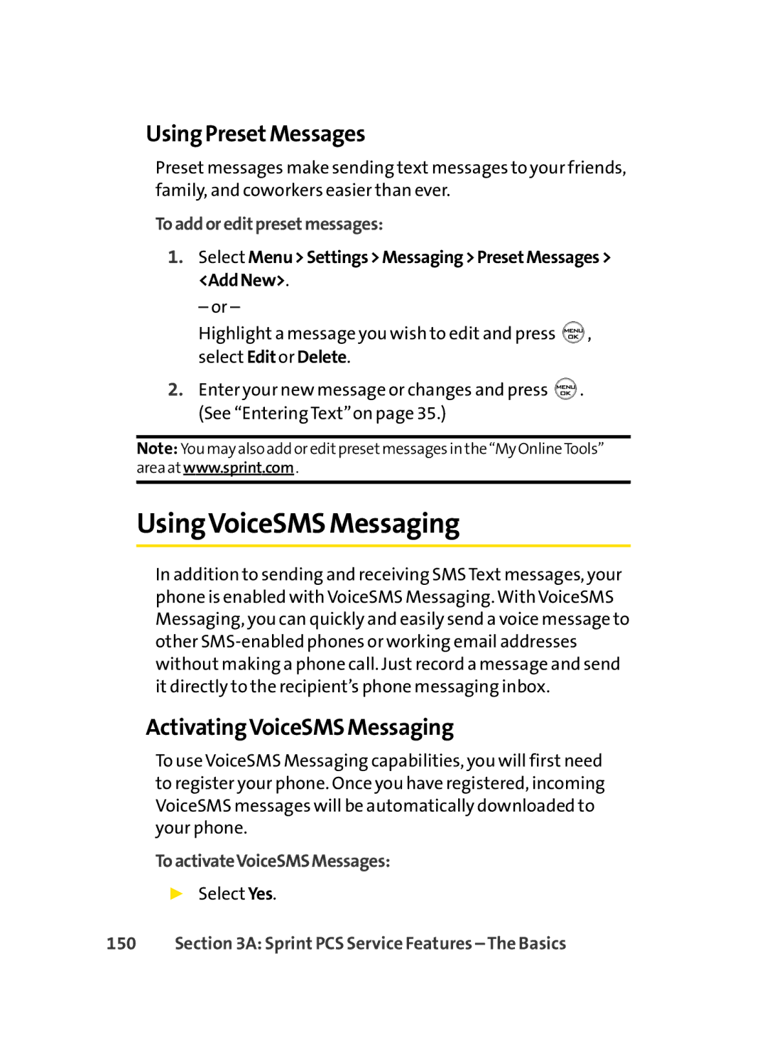 LG Electronics LX-350 manual UsingVoiceSMS Messaging, Using PresetMessages, ActivatingVoiceSMS Messaging 