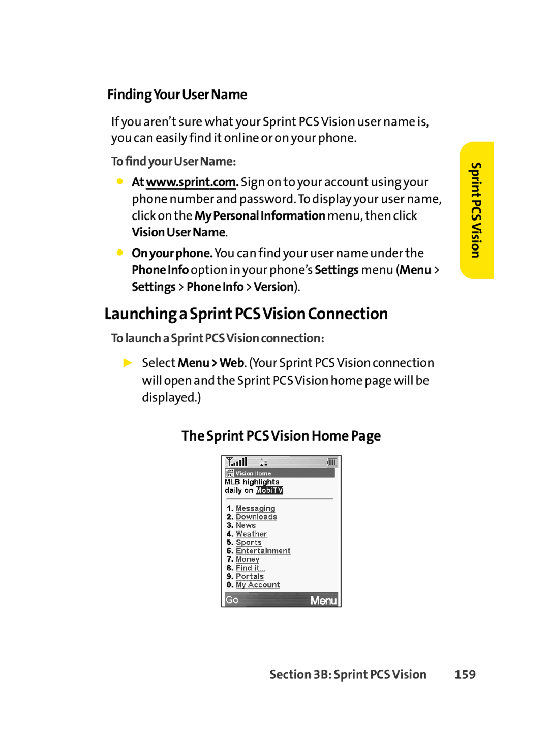 LG Electronics LX-350 manual Launchinga SprintPCSVision Connection, FindingYourUserName, Sprint PCS Vision Home 