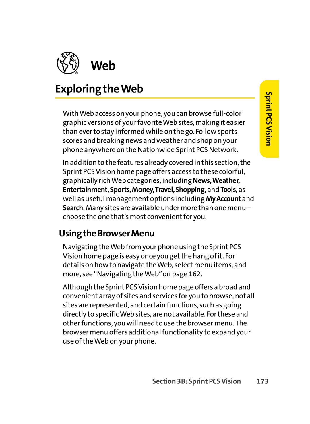 LG Electronics LX-350 manual Exploring the Web, Using the Browser Menu, 173 