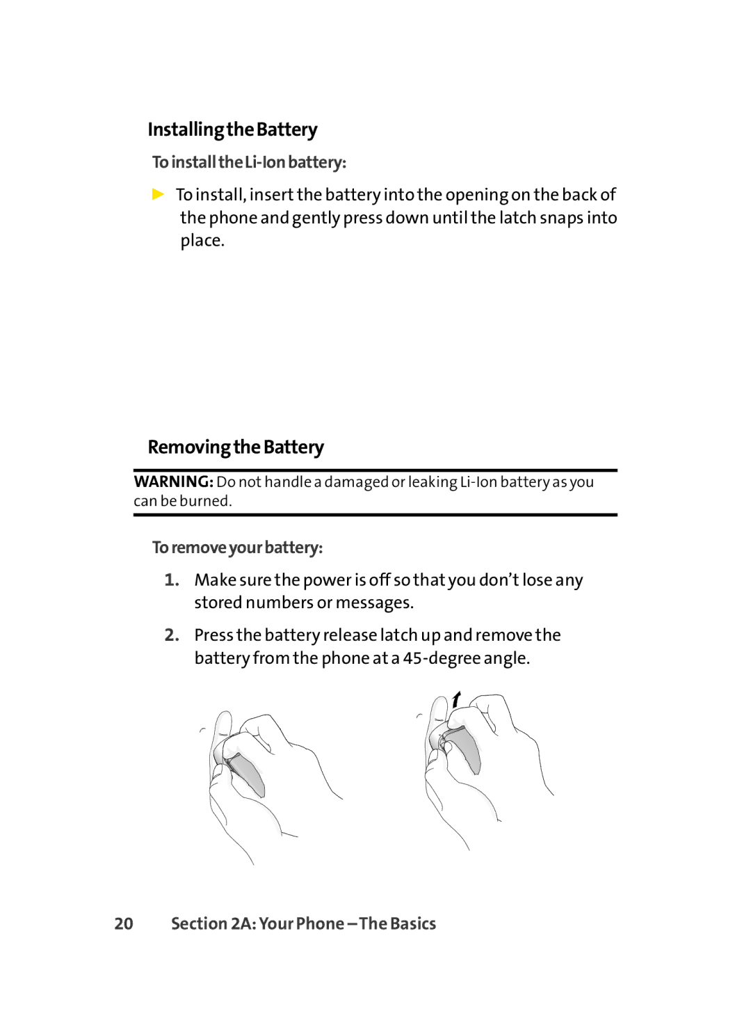 LG Electronics LX-350 manual InstallingtheBattery, RemovingtheBattery, ToinstalltheLi-Ionbattery, Toremoveyourbattery 